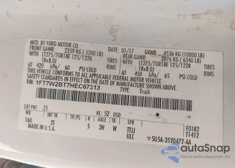 2017 Ford F-250 Xlt из США, поврежденный, VIN 1FT7W2BT7HEC67313